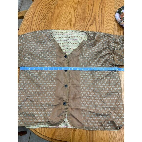 Vintage Blouse Women's Medium Brown Blue Green Silk Reversible Top Button Front - Picture 6 of 8